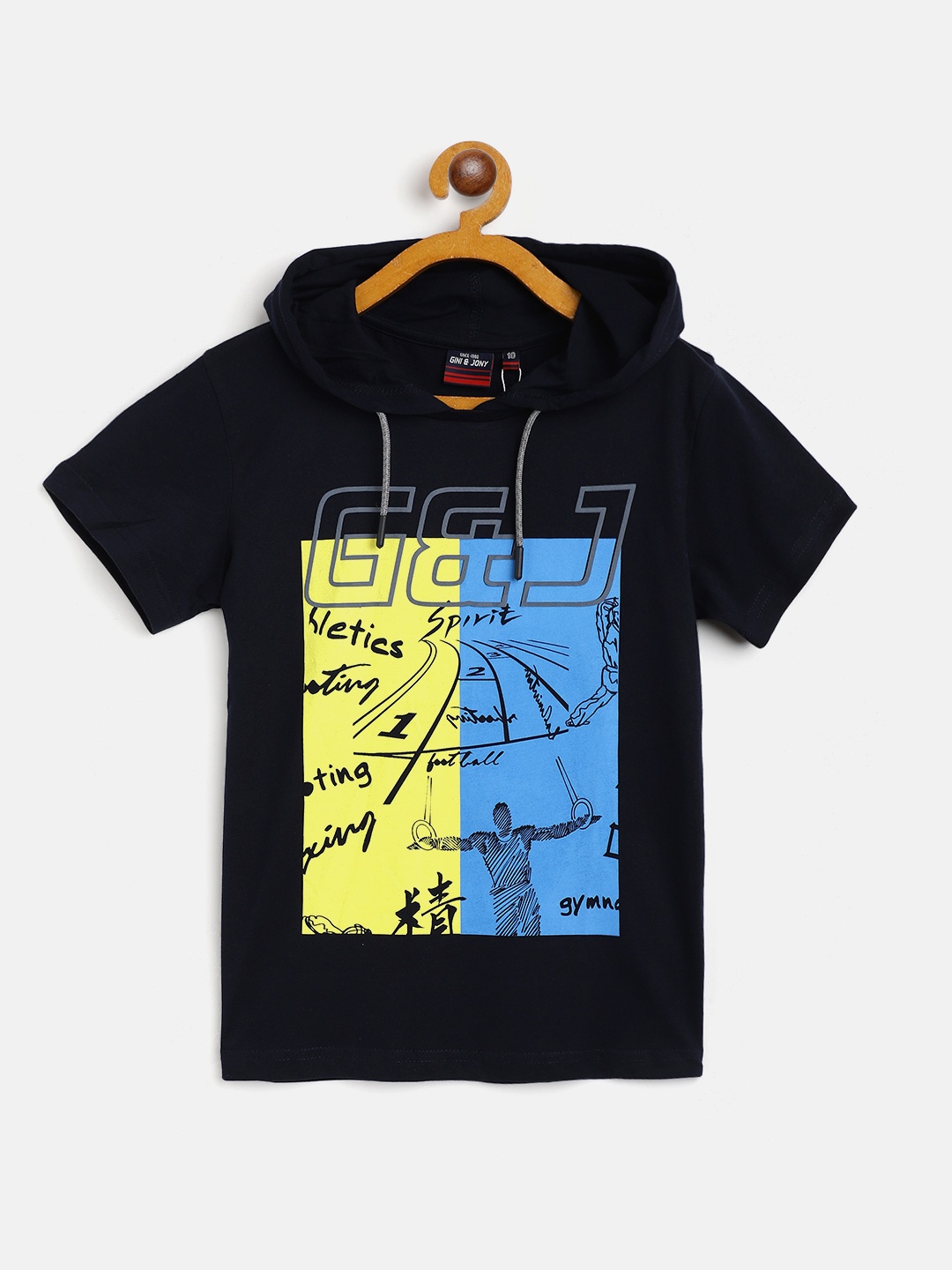 

Gini and Jony Boys Navy Blue Yellow Pure Cotton Printed Hooded Pure Cotton T-shirt