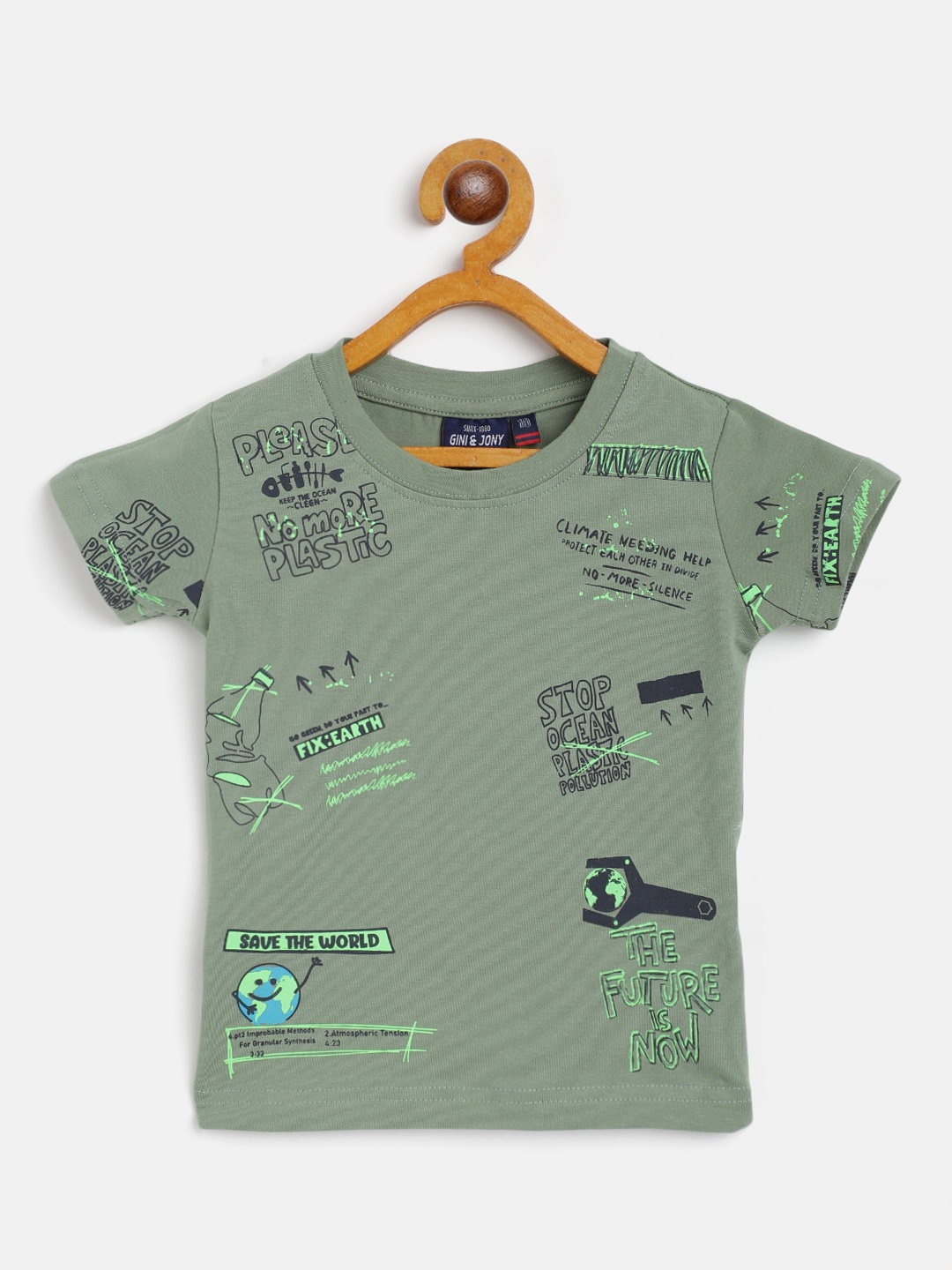 

Gini and Jony Boys Olive Green & Navy Blue Typography Printed T-shirt