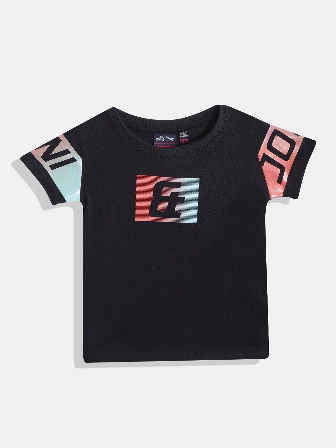 

Gini and Jony Infant Boys Black Brand Logo Printed Pure Cotton T-shirt