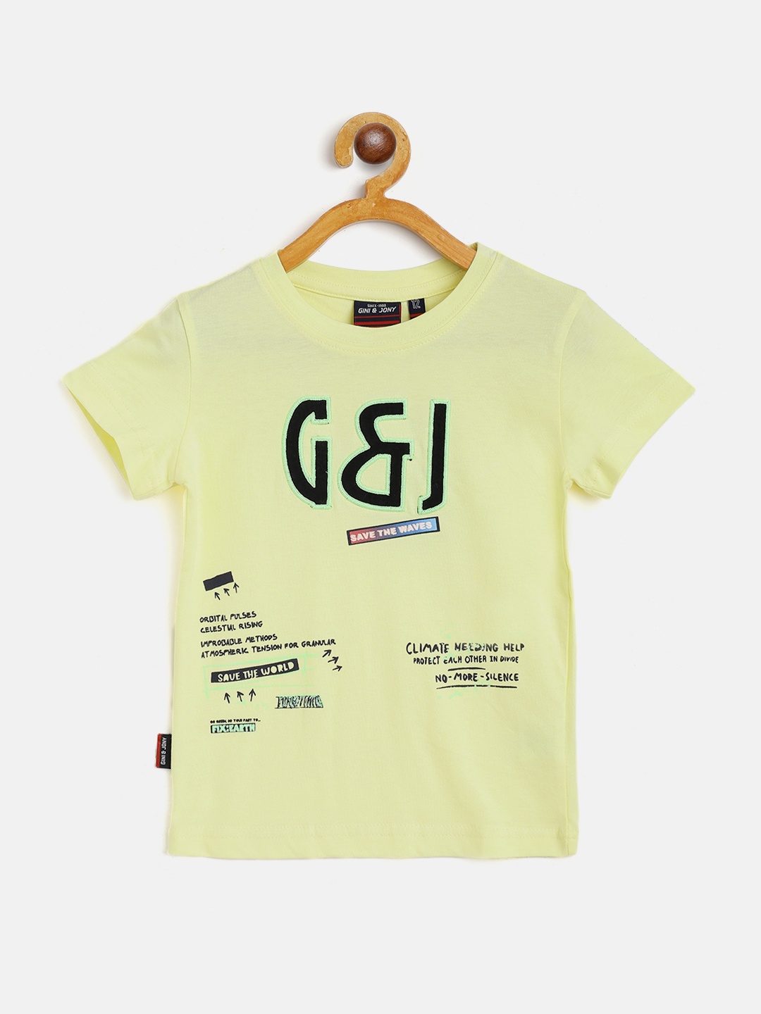 

Gini and Jony Boys Yellow & Black Brand Logo Printed Cotton T-shirt