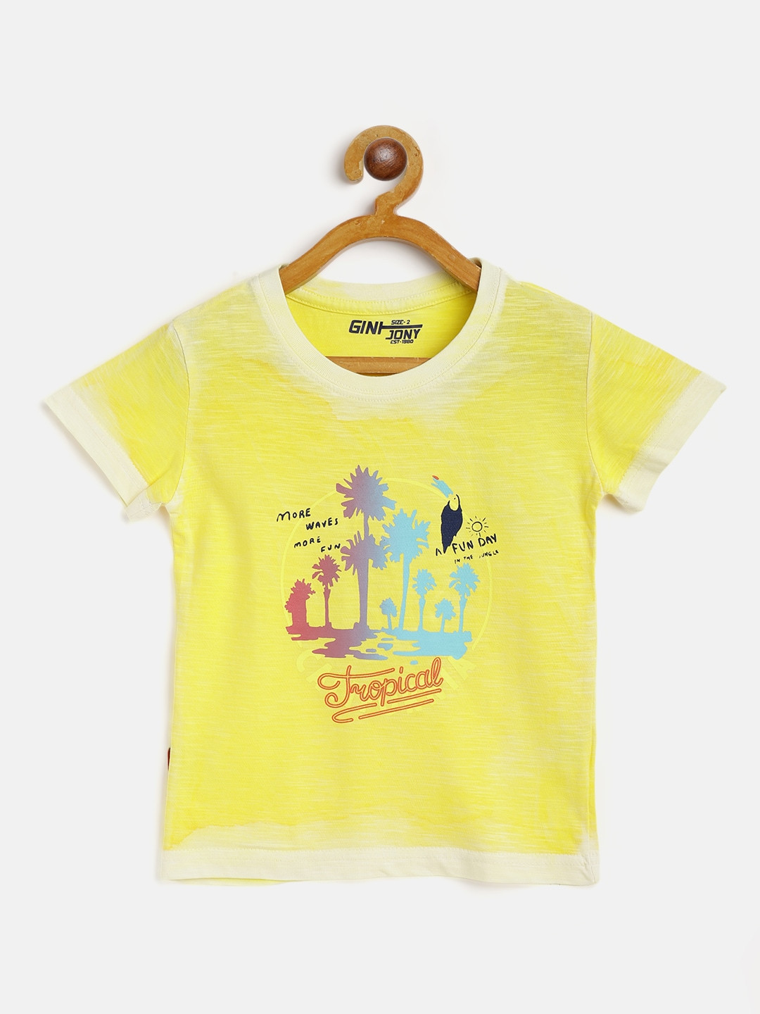 

Gini and Jony Boys Yellow Blue Tropical Print Dyed Pure Cotton T-shirt