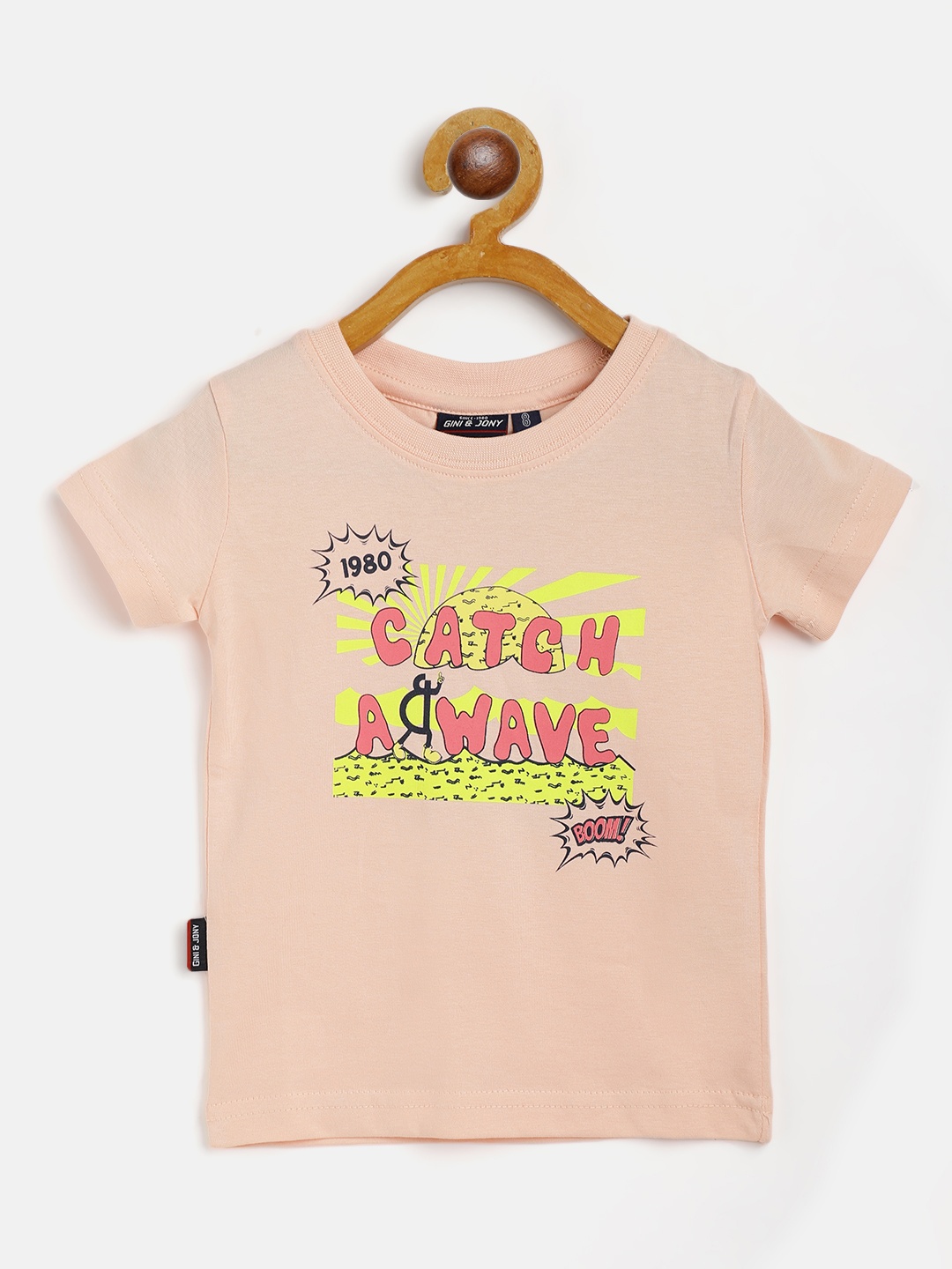 

Gini and Jony Infant Boys Peach-Coloured Yellow Slogan Print Pure Cotton T-shirt