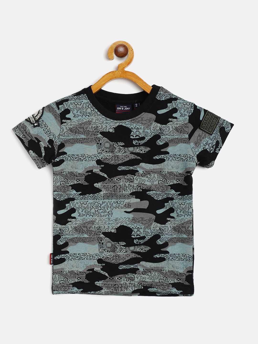 

Gini and Jony Boys Black Charcoal Grey Pure Cotton Camouflage Printed Pure Cotton T-shirt