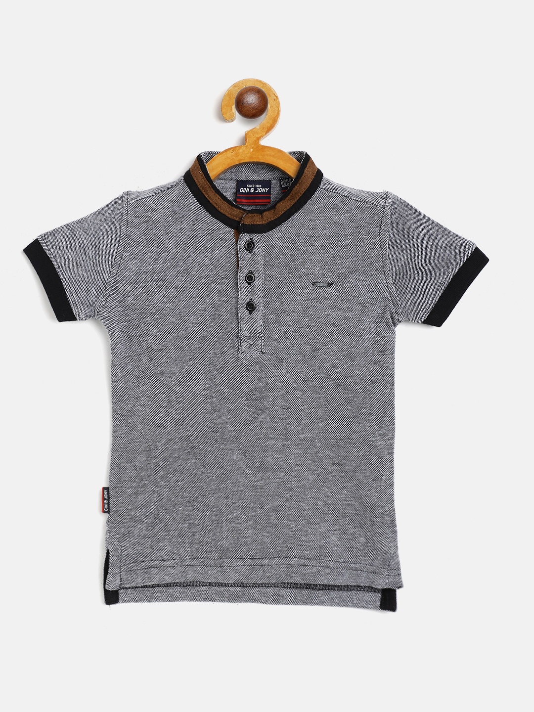 

Gini and Jony Boys Black & White Cotton Self-Design Stand Collar T-shirt