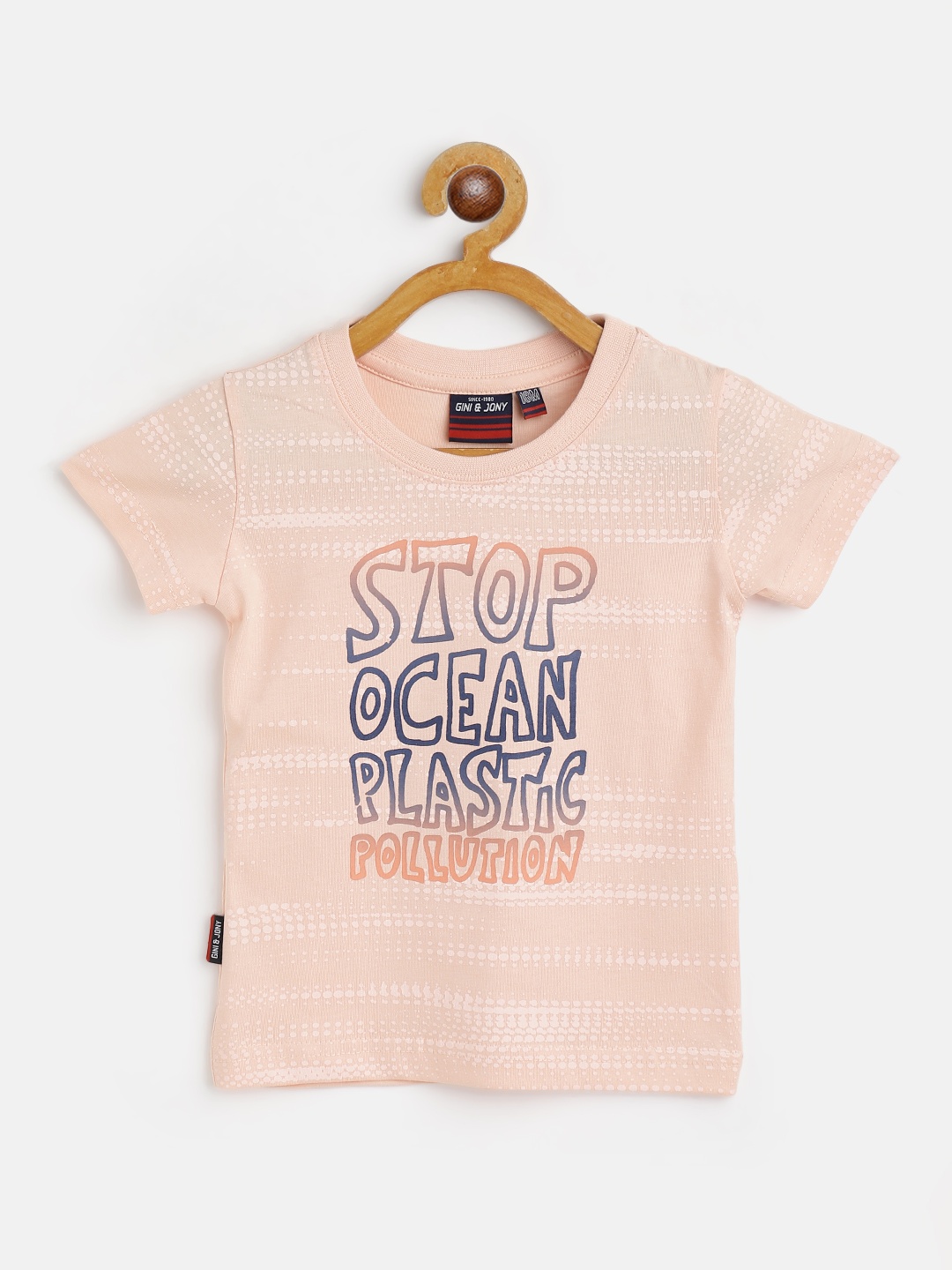 

Gini and Jony Boys Peach-Coloured & Blue Pure Cotton Typography Print T-shirt