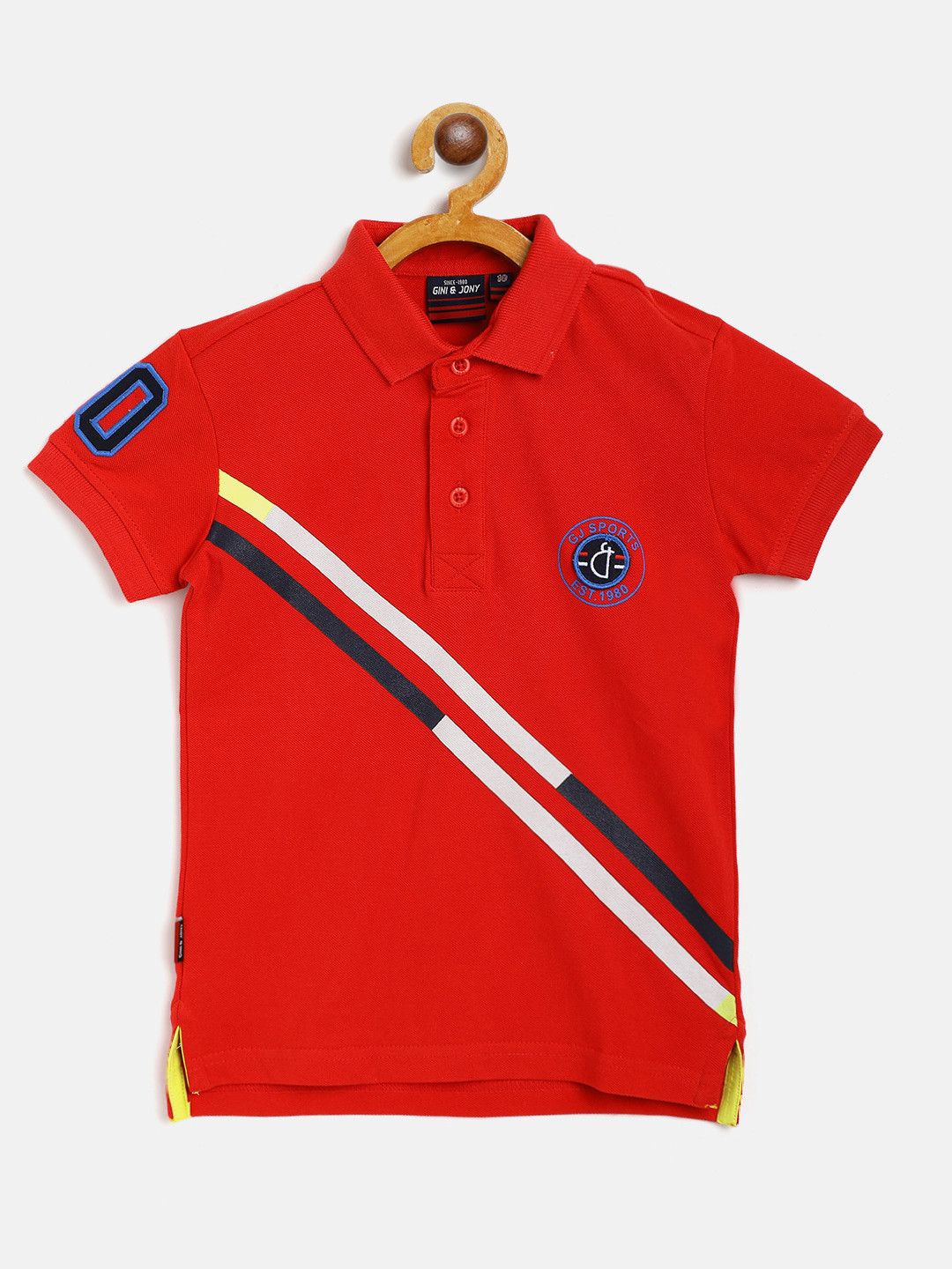 

Gini and Jony Boys Red & White Cotton Striped Polo Collar Applique T-shirt