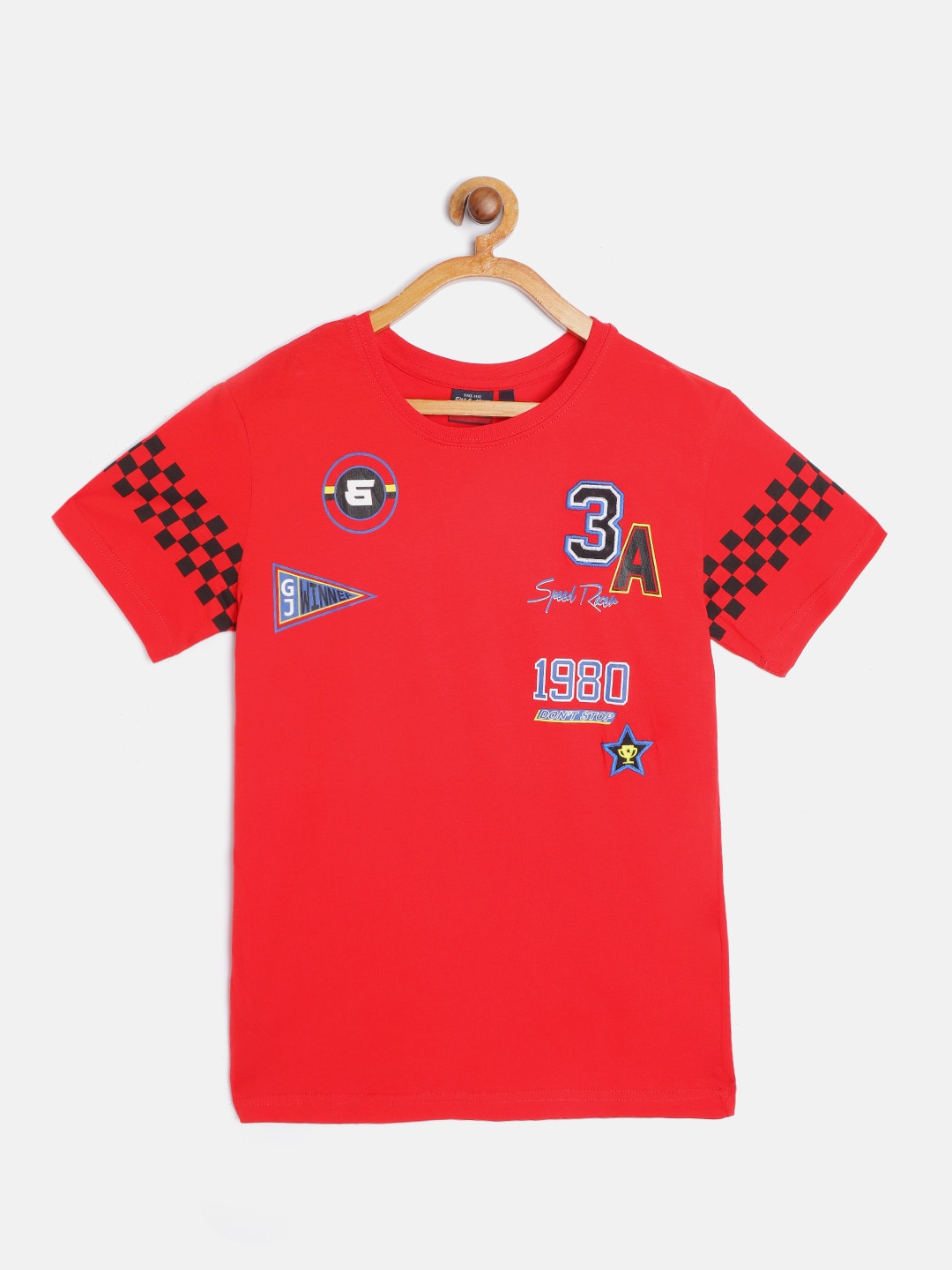 

Gini and Jony Boys Red Black Pure Cotton Typography Printed Applique Pure Cotton T-shirt