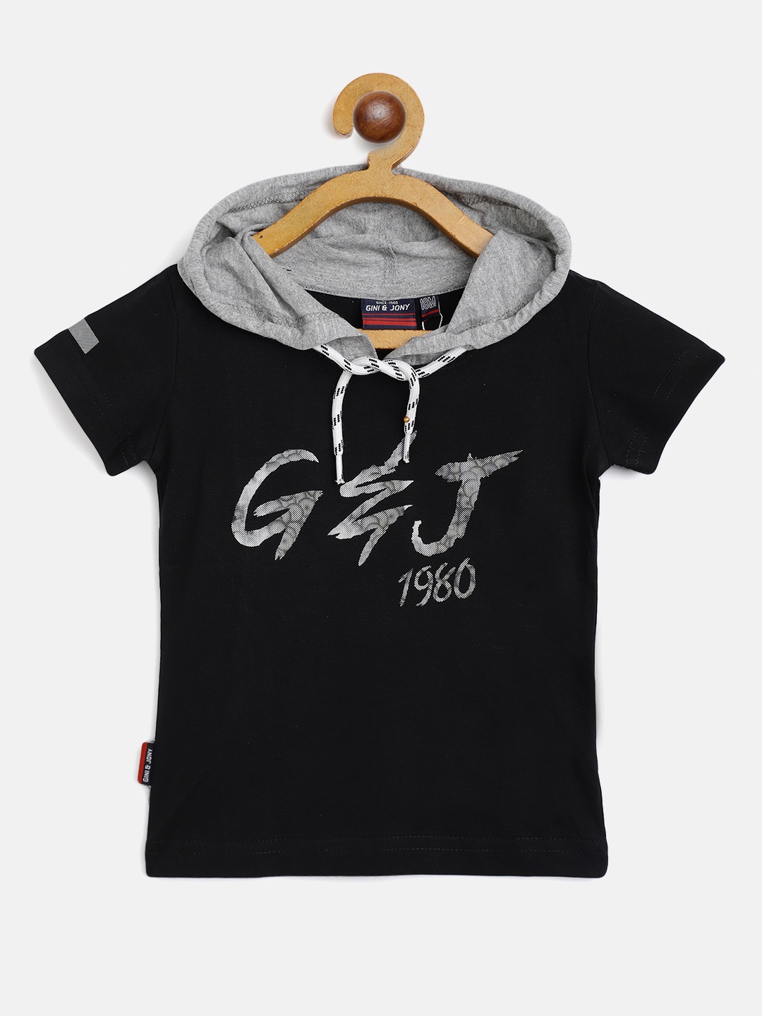 

Gini and Jony Boys Black & Grey Melange Cotton Brand Logo Printed Hooded T-shirt