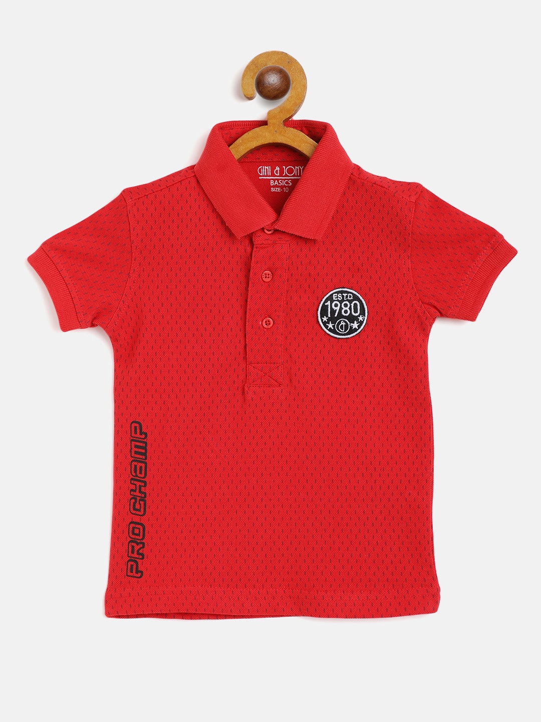 

Gini and Jony Boys Red & Navy Blue Cotton Micro Print Polo Collar Applique T-shirt