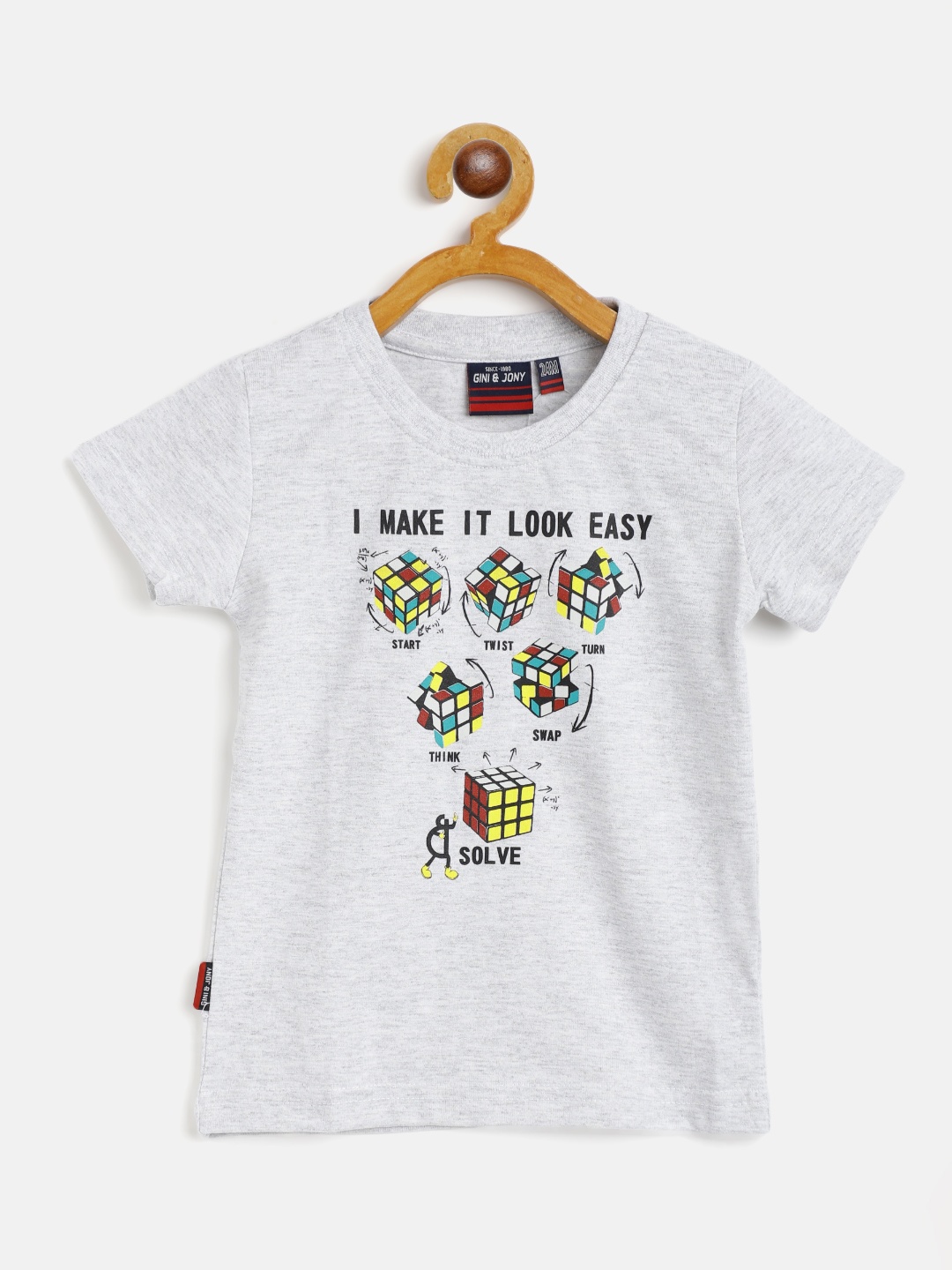 

Gini and Jony Infant Boys Grey Melange Black Rubiks Cube Printed Pure Cotton T-shirt