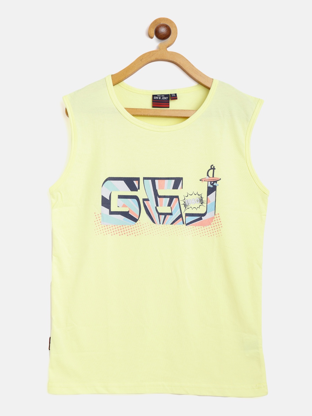 

Gini and Jony Boys Yellow Cotton Brand Logo Printed Sleeveless T-shirt