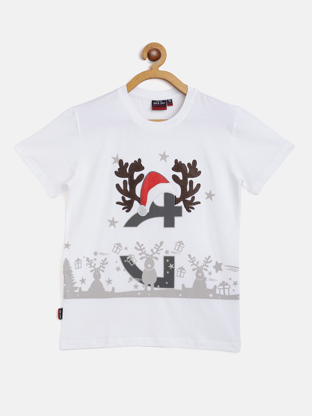 

Gini and Jony Boys White & Grey Brand Logo Print T-shirt with Reindeer Applique
