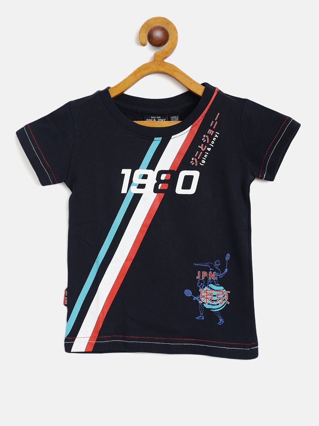 

Gini and Jony Boys Navy Blue White Typography Print Cotton Pure Cotton T-shirt
