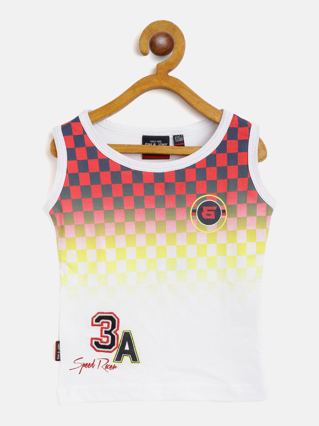 

Gini and Jony Infant Boys White Coral Red Faded Checks Pure Cotton T-shirt