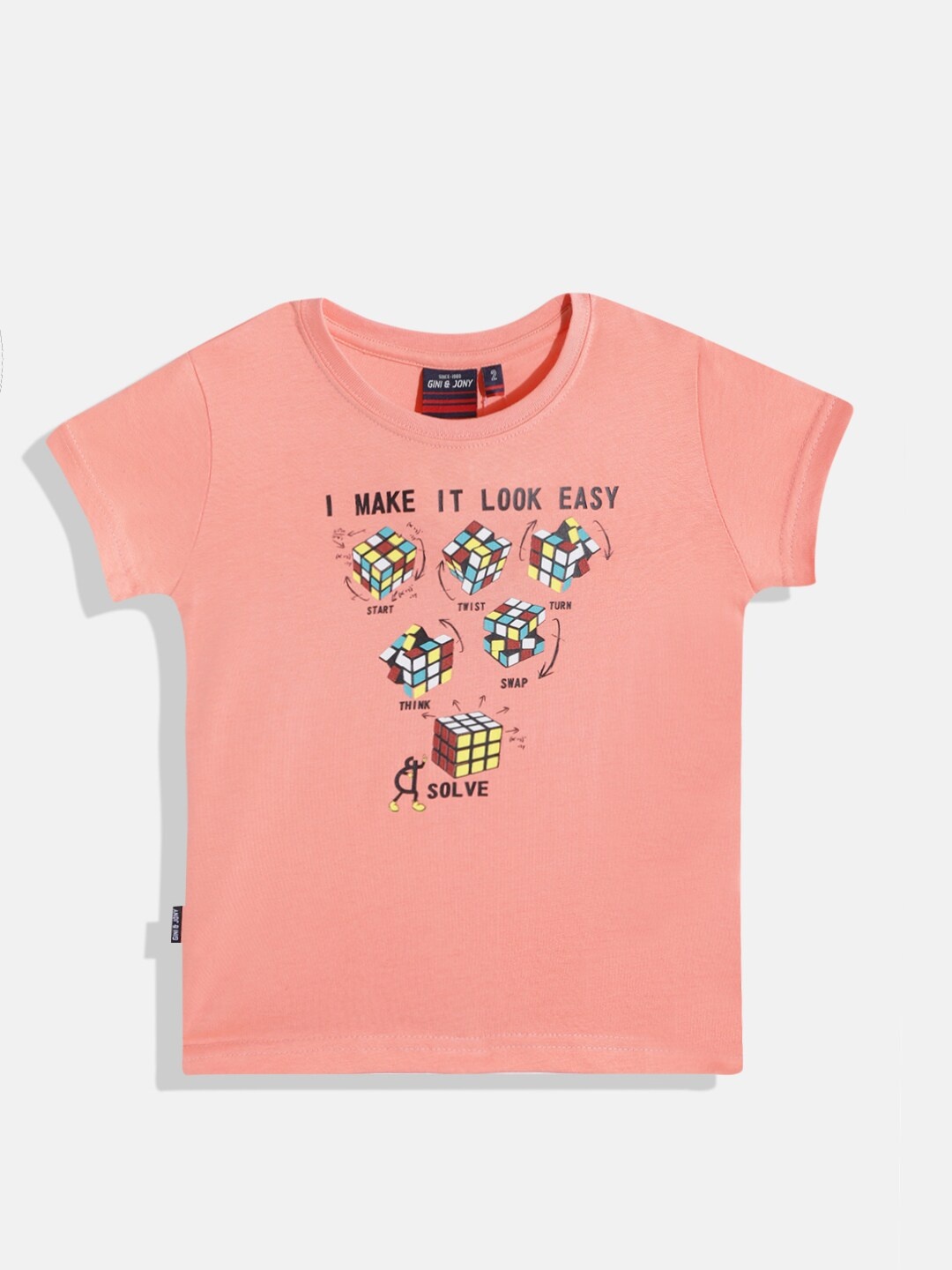 

Gini and Jony Boys Coral Pink & Green Printed Polo Collar Pure Cotton T-shirt