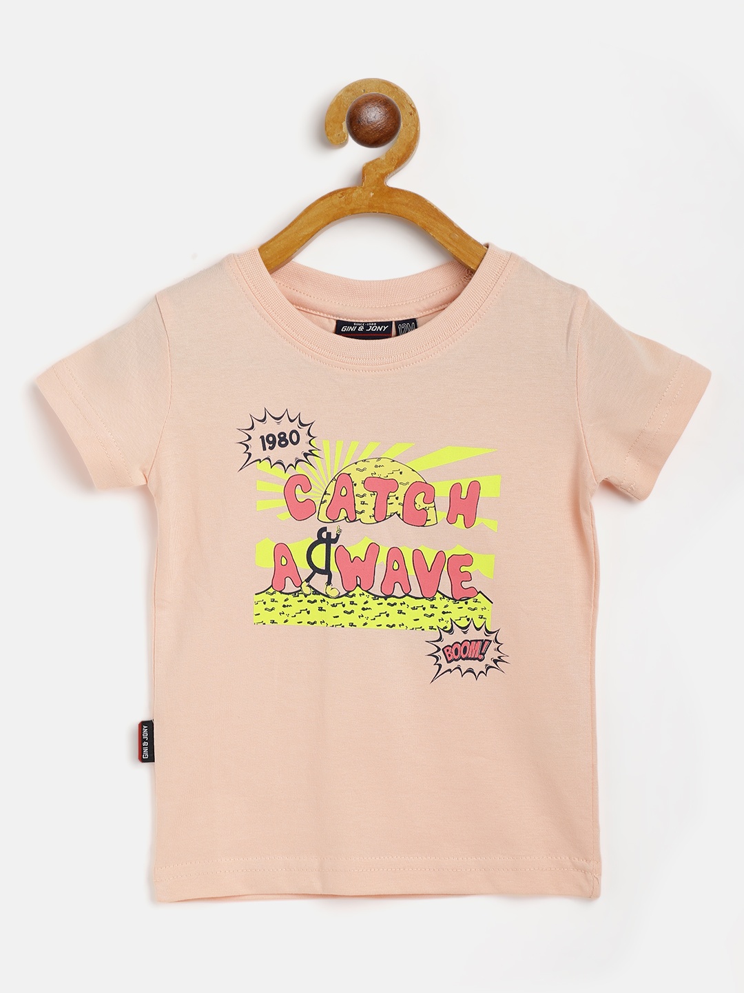 

Gini and Jony Boys Peach-Coloured Yellow Slogan Printed Pure Cotton T-shirt