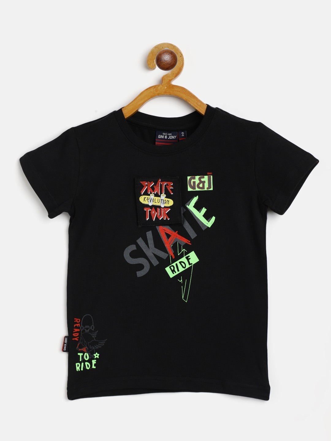 

Gini and Jony Black & Fluorescent Green Typography Print T-shirt with Detachable Applique