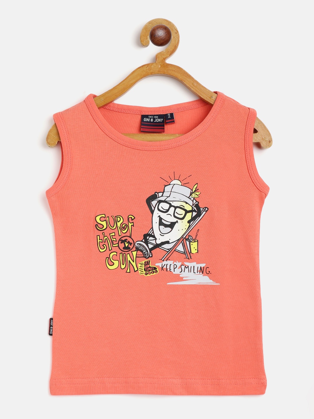 

Gini and Jony Coral Orange Yellow Tropical Typography Printed Pure Cotton T-shirt