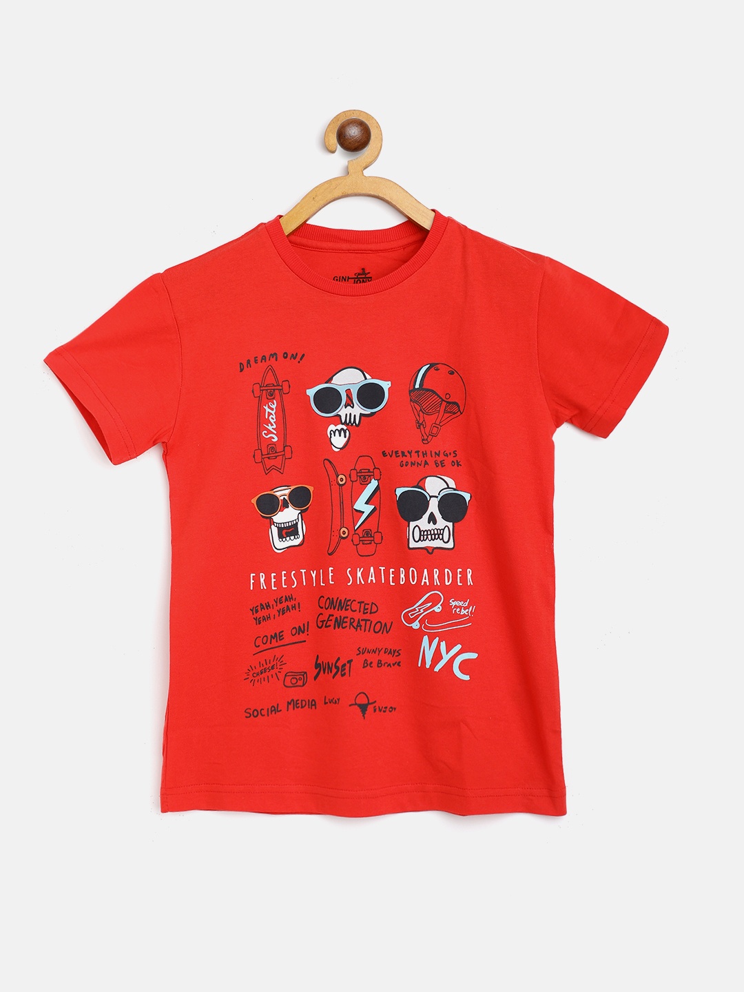 

Gini and Jony Boys Red Black Typography Print Pure Cotton T-shirt