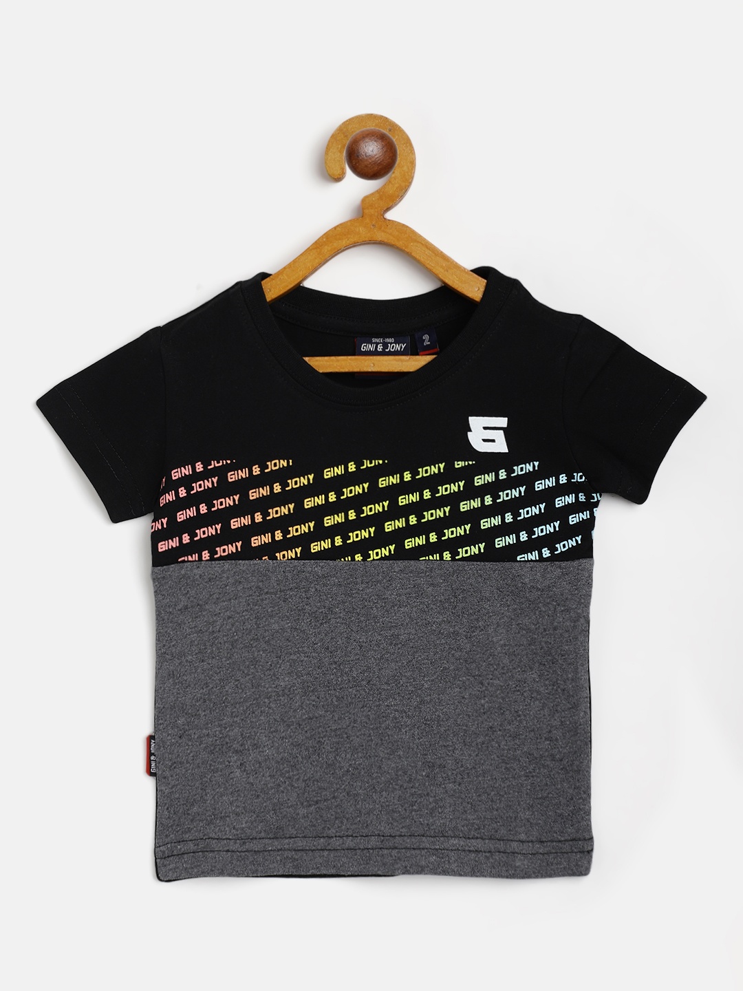 

Gini and Jony Boys Black Charcoal Grey Brand Logo Print Colourblocked Cotton Pure Cotton T-shirt