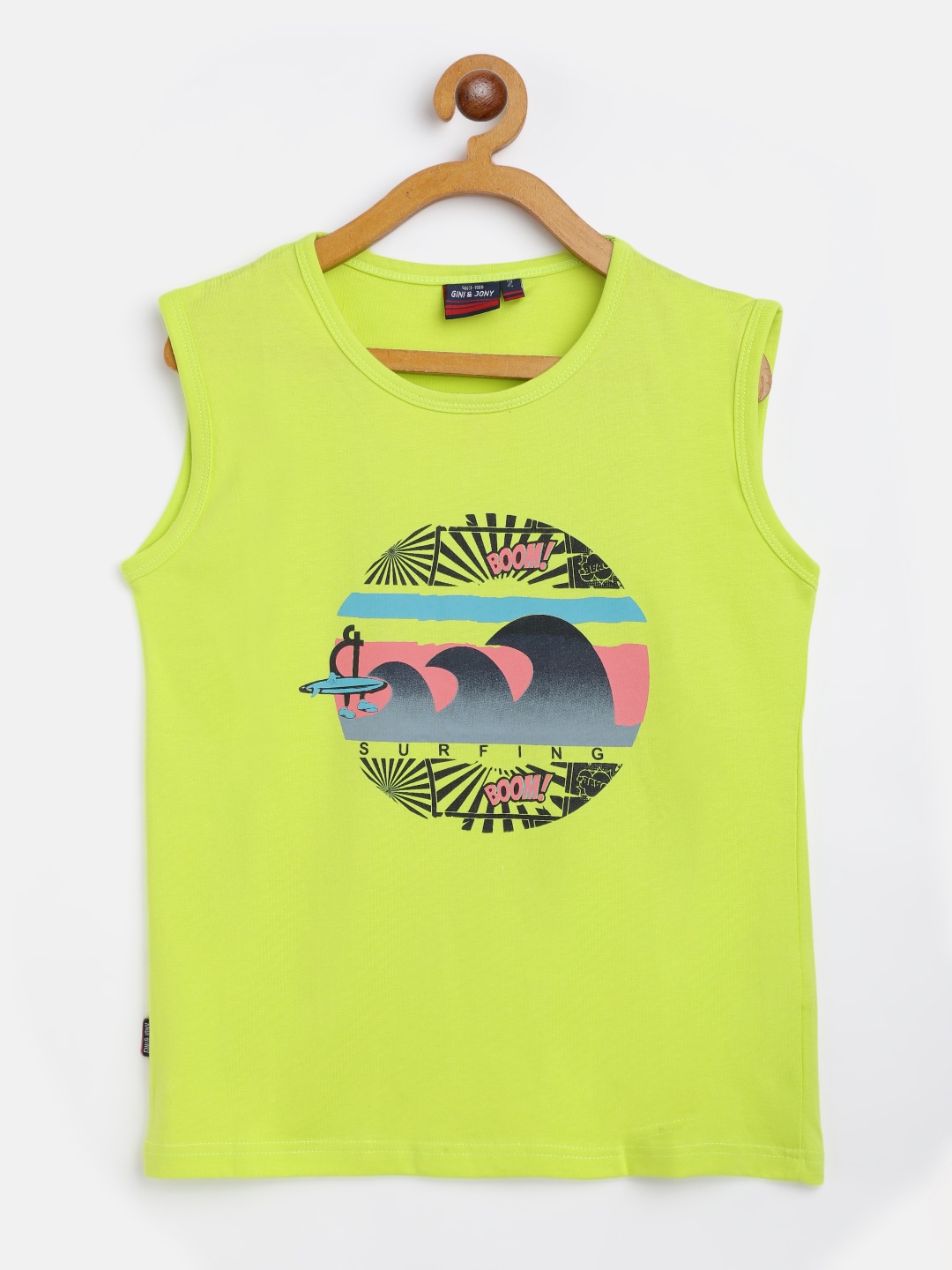 

Gini and Jony Boys Fluorescent Green Black Graphic Print Cotton Pure Cotton T-shirt