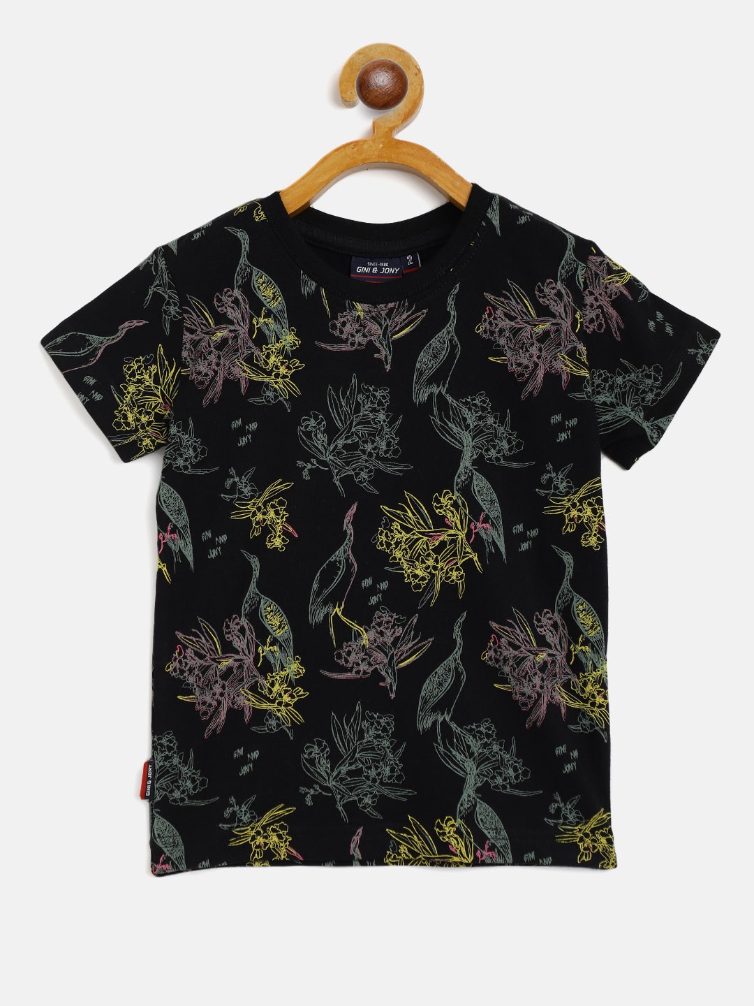 

Gini and Jony Boys Black Yellow Floral Tropical Print Pure Cotton T-shirt