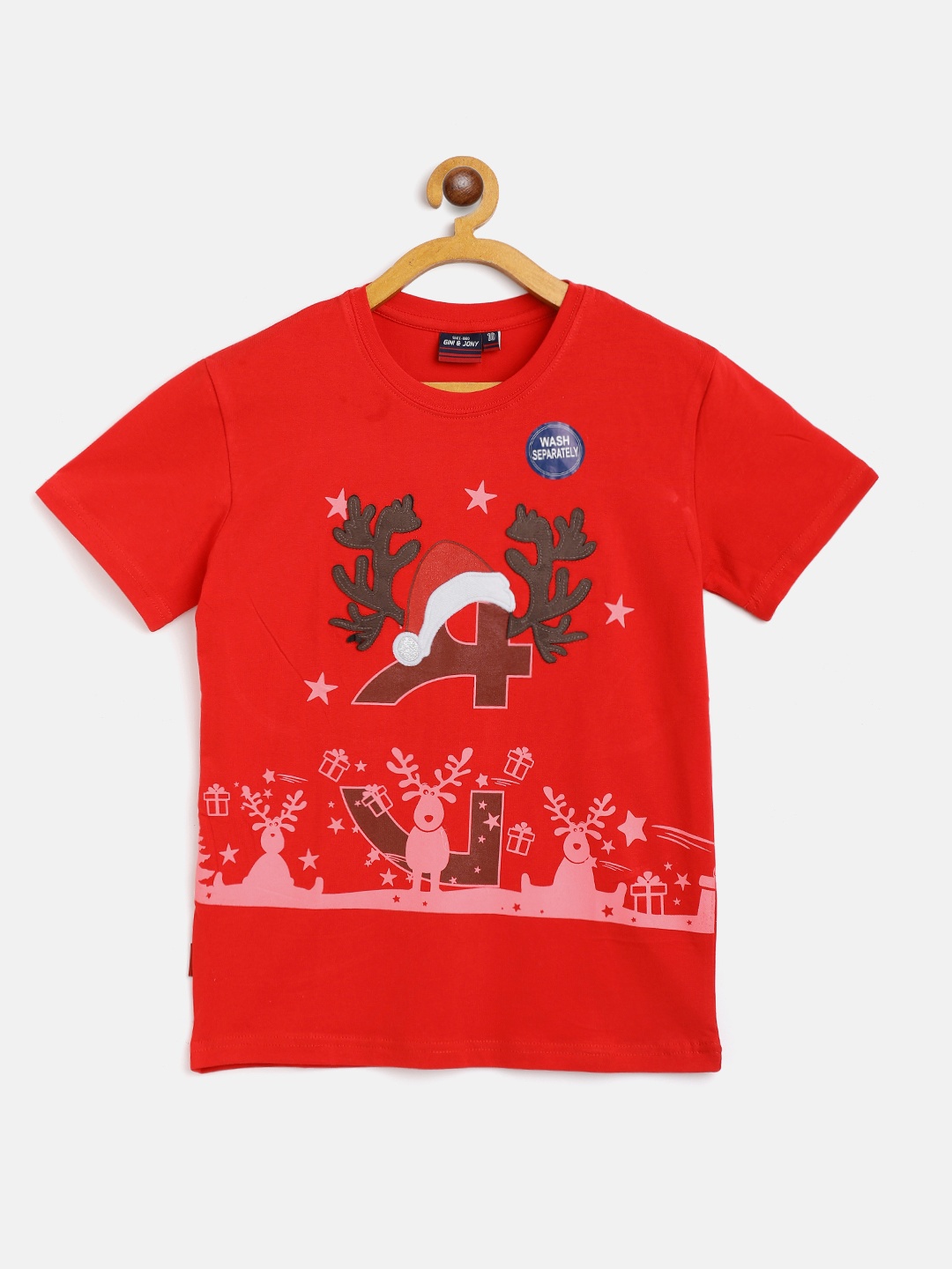 

Gini and Jony Boys Red & Taupe Printed Applique Detail Round Neck T-shirt
