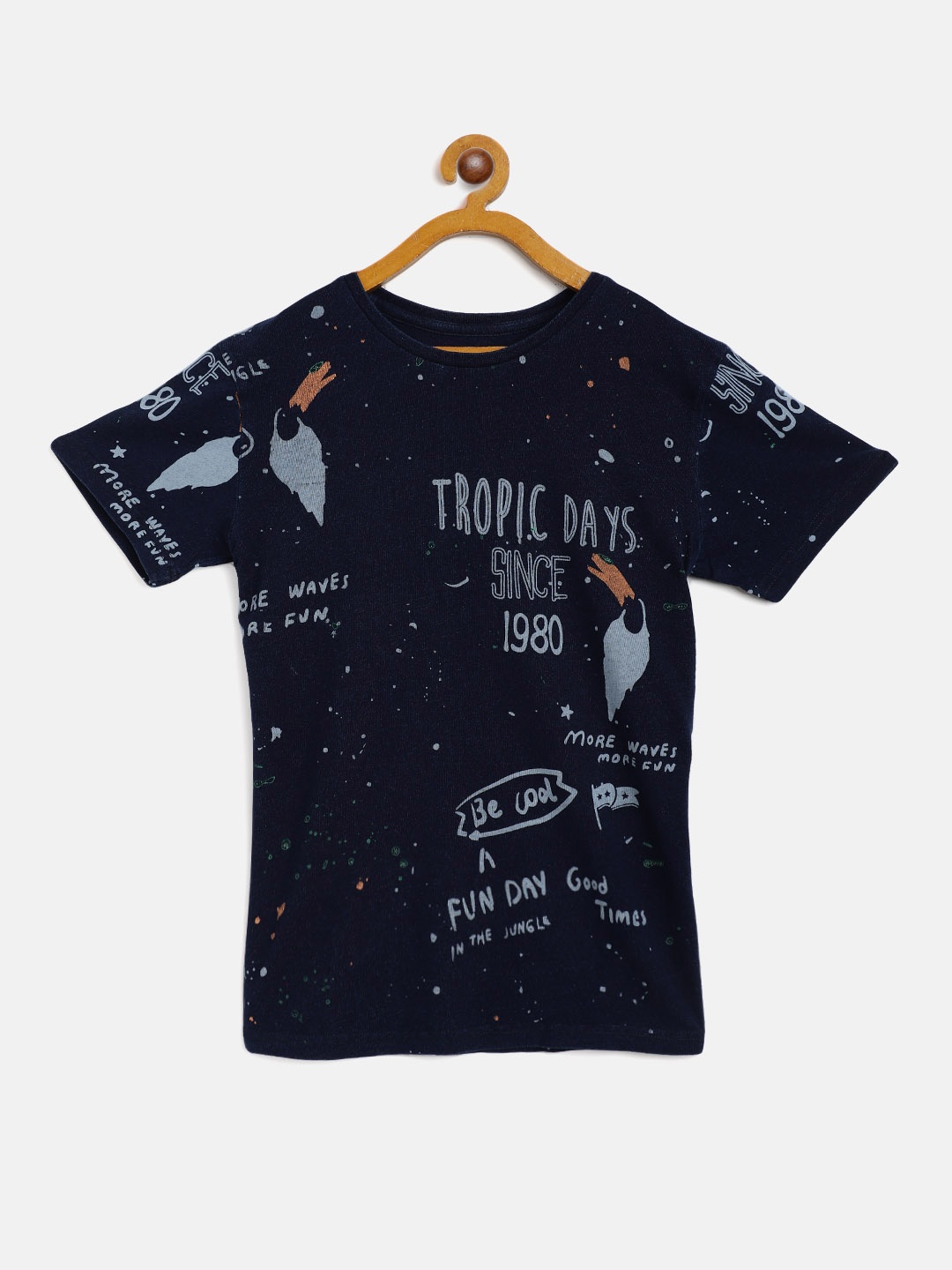 

Gini and Jony Boys Navy Blue Off White Typography Printed Pure Cotton T-shirt