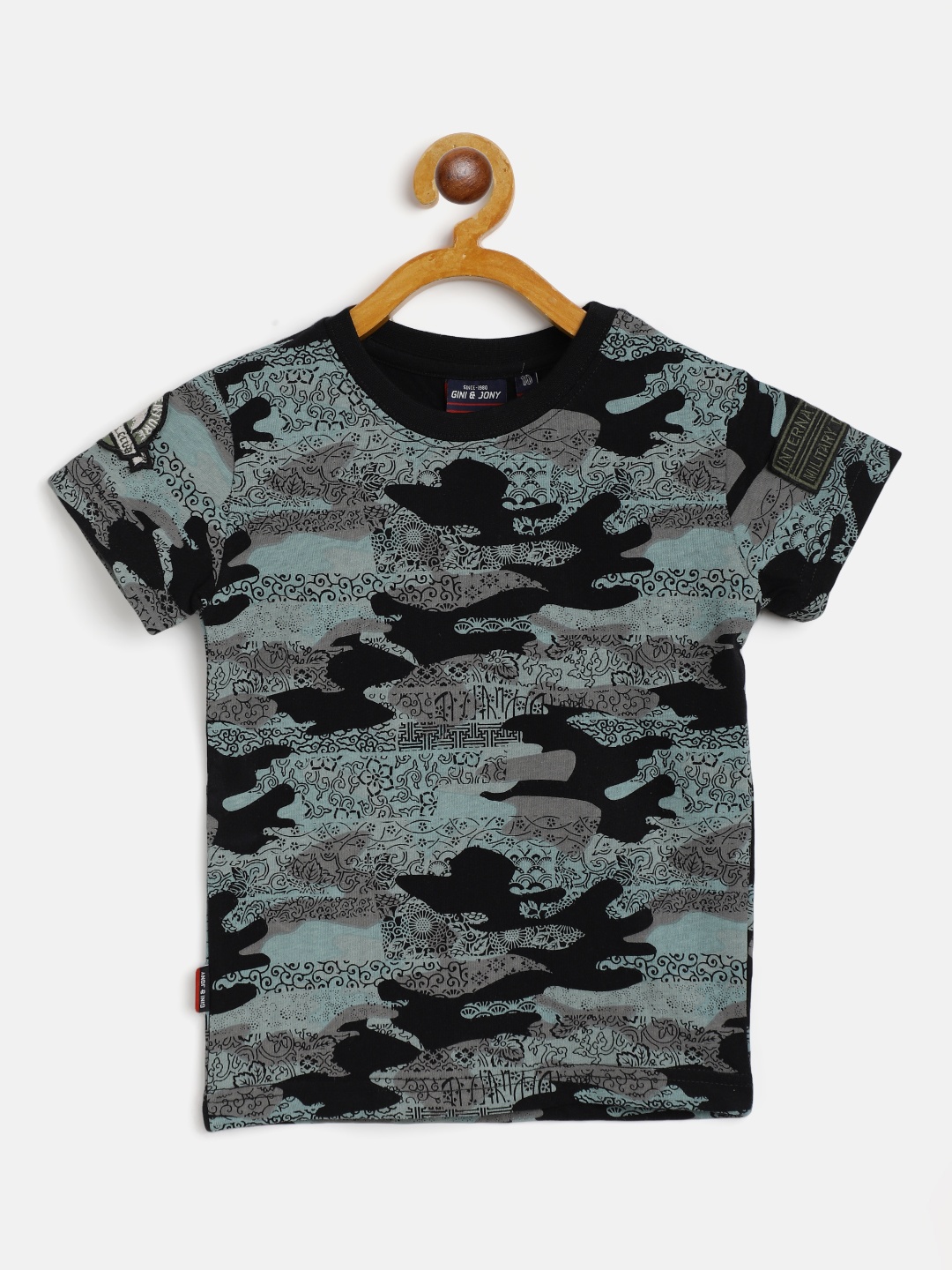 

Gini and Jony Boys Black & Green Cotton Camouflage & Ethnic Motif Print T-shirt