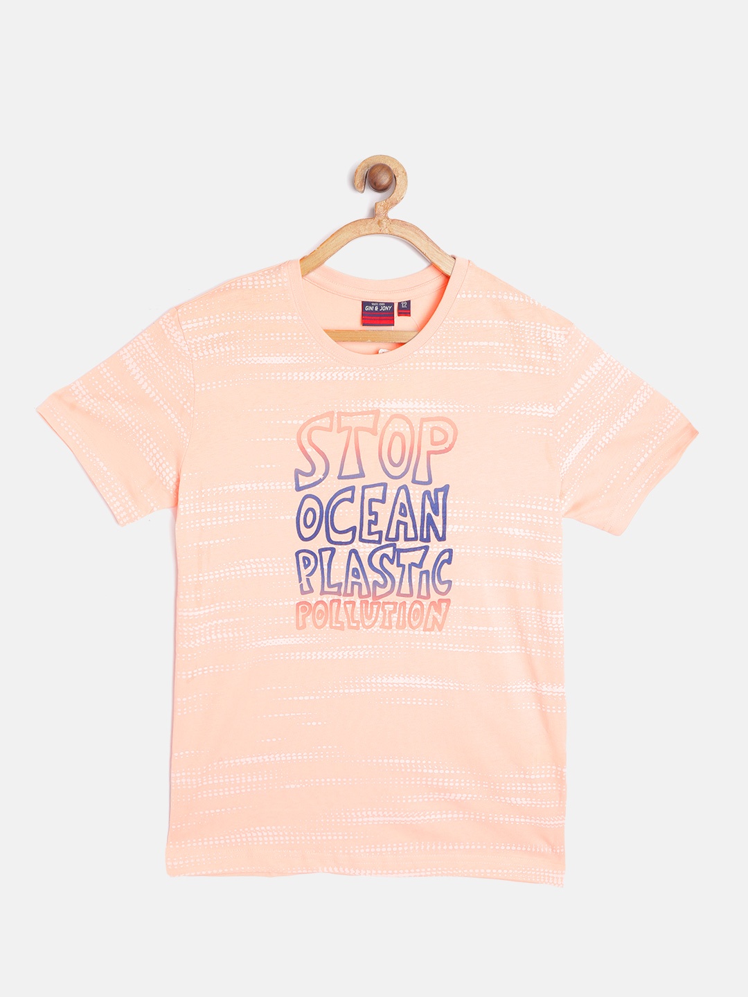 

Gini and Jony Boys Peach-Coloured Typography Printed Pure Cotton T-shirt