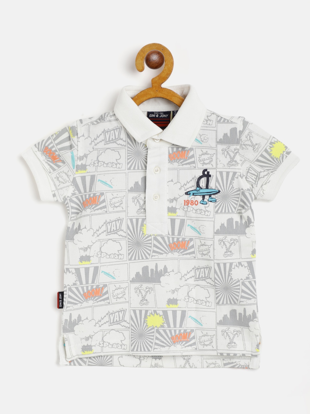 

Gini and Jony Boys White Grey Comic Strip Print Polo Collar Pure Cotton T-shirt