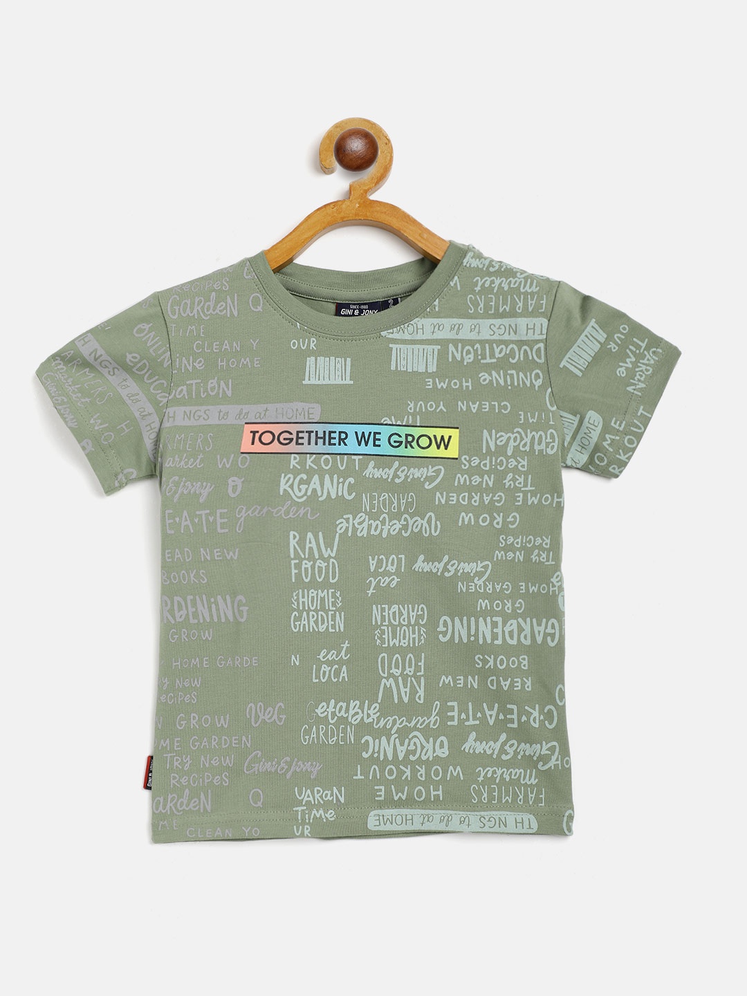 

Gini and Jony Boys Olive Green Typography Printed T-shirt