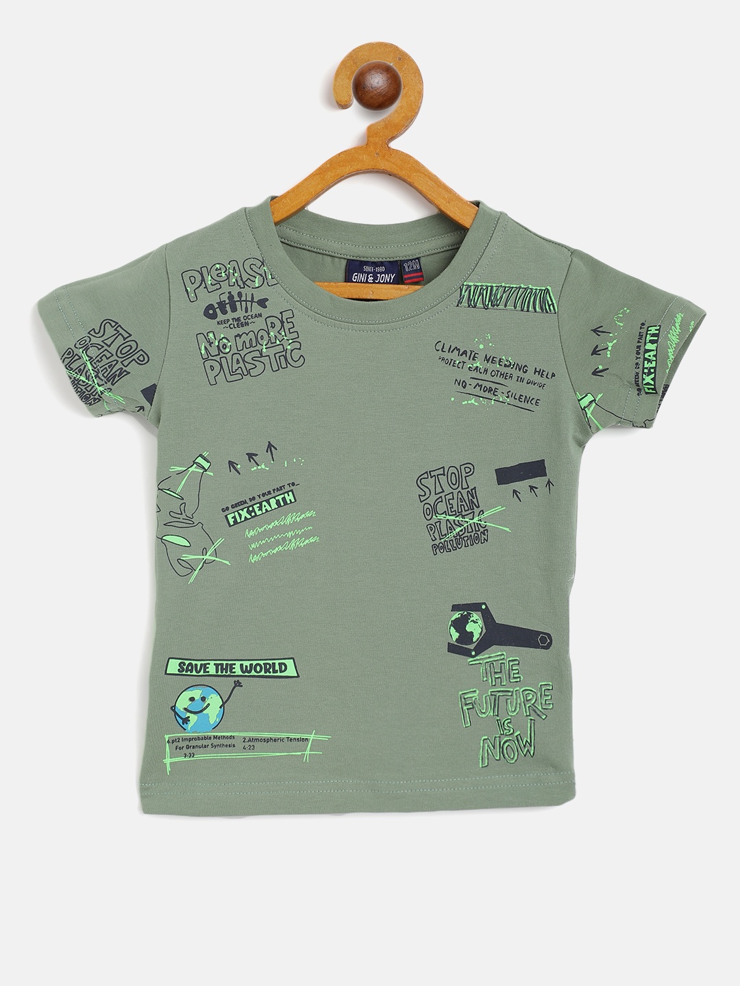 

Gini and Jony Infant Boys Olive Green Typography Printed T-shirt