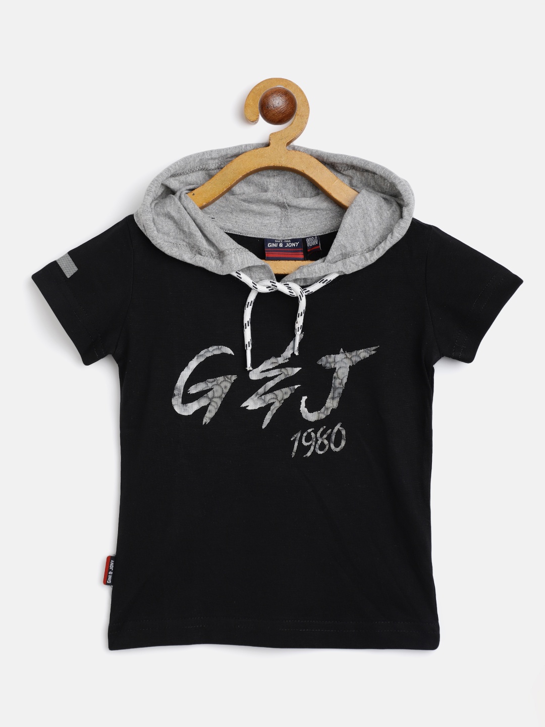 

Gini and Jony Boys Black & Grey Melange Cotton Brand Logo Printed Hooded T-shirt