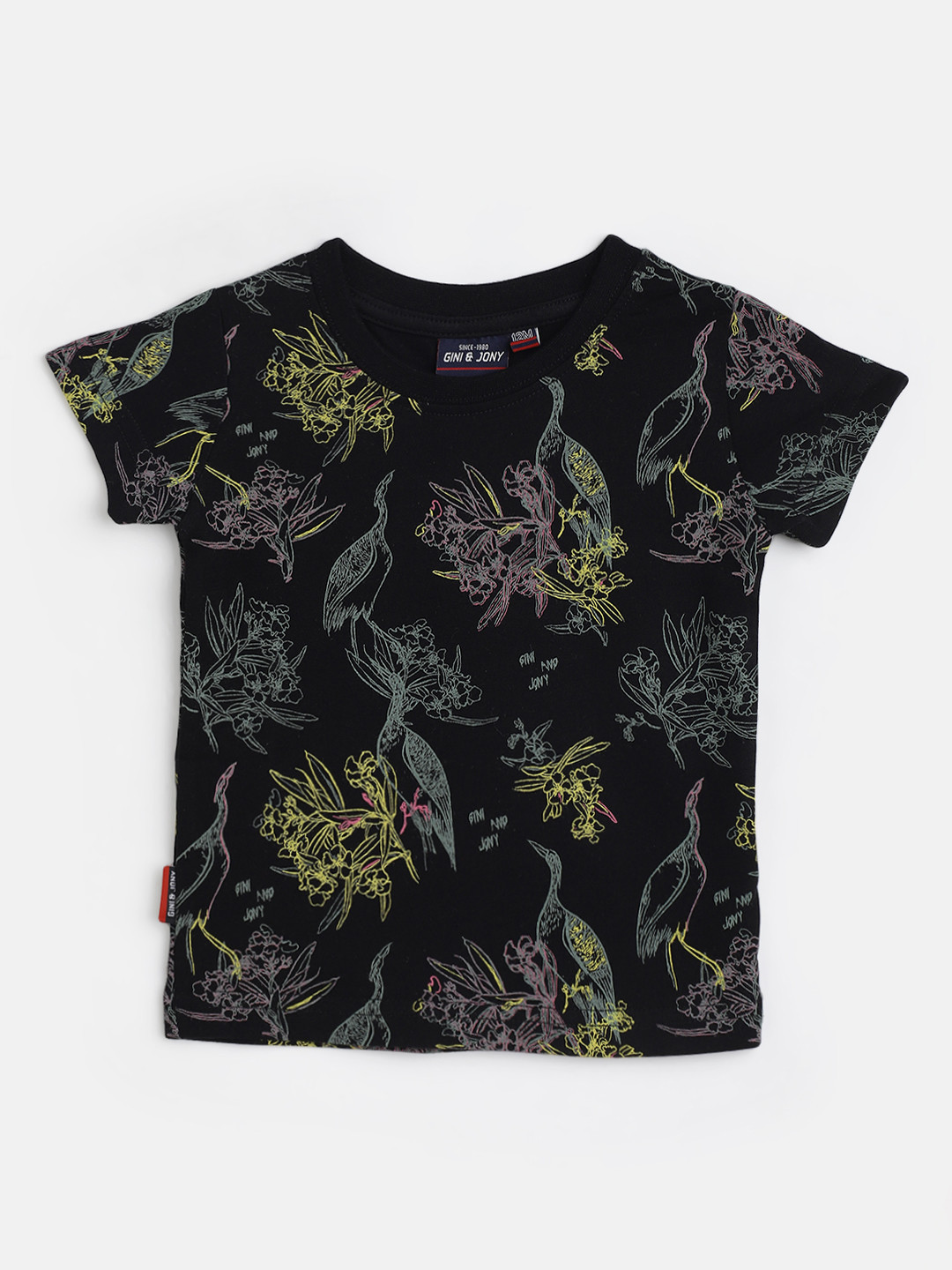 

Gini and Jony Boys Black & Yellow Pure Cotton Floral Print T-shirt