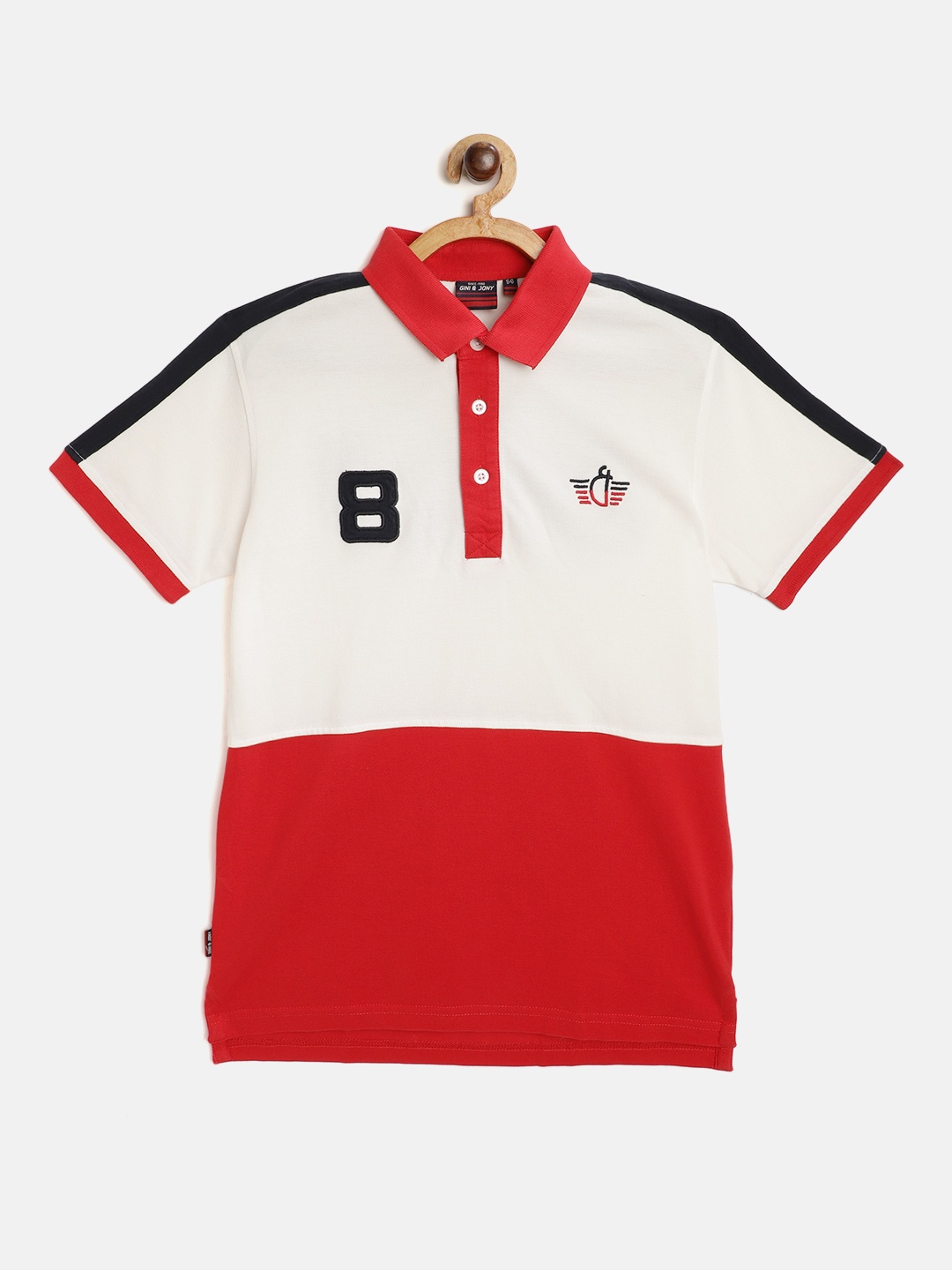 

Gini and Jony Boys Red White Colourblocked Cotton Polo Collar Pure Cotton T-shirt