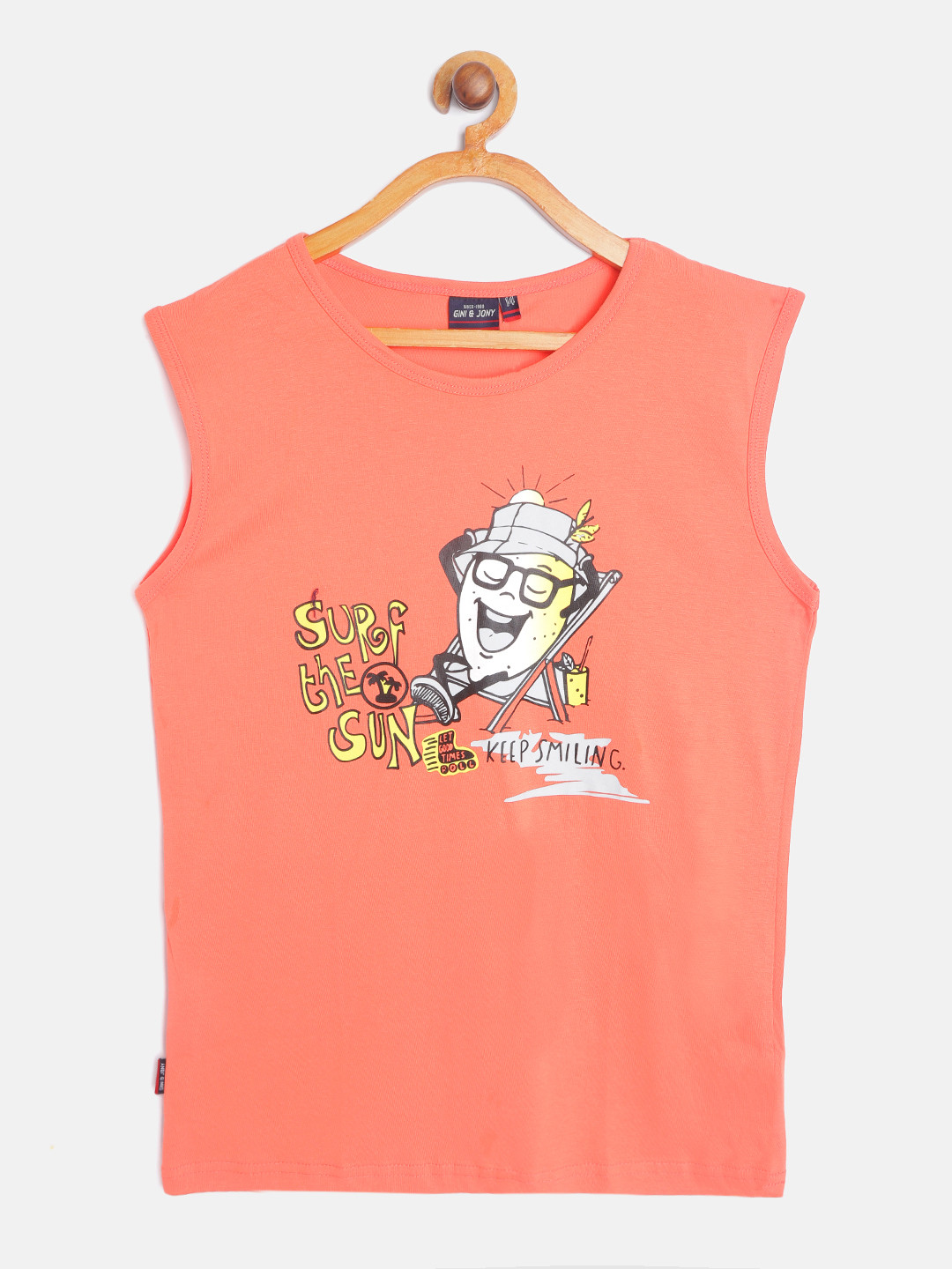 

Gini and Jony Boys Peach-Coloured Yellow Printed Pure Cotton T-shirt