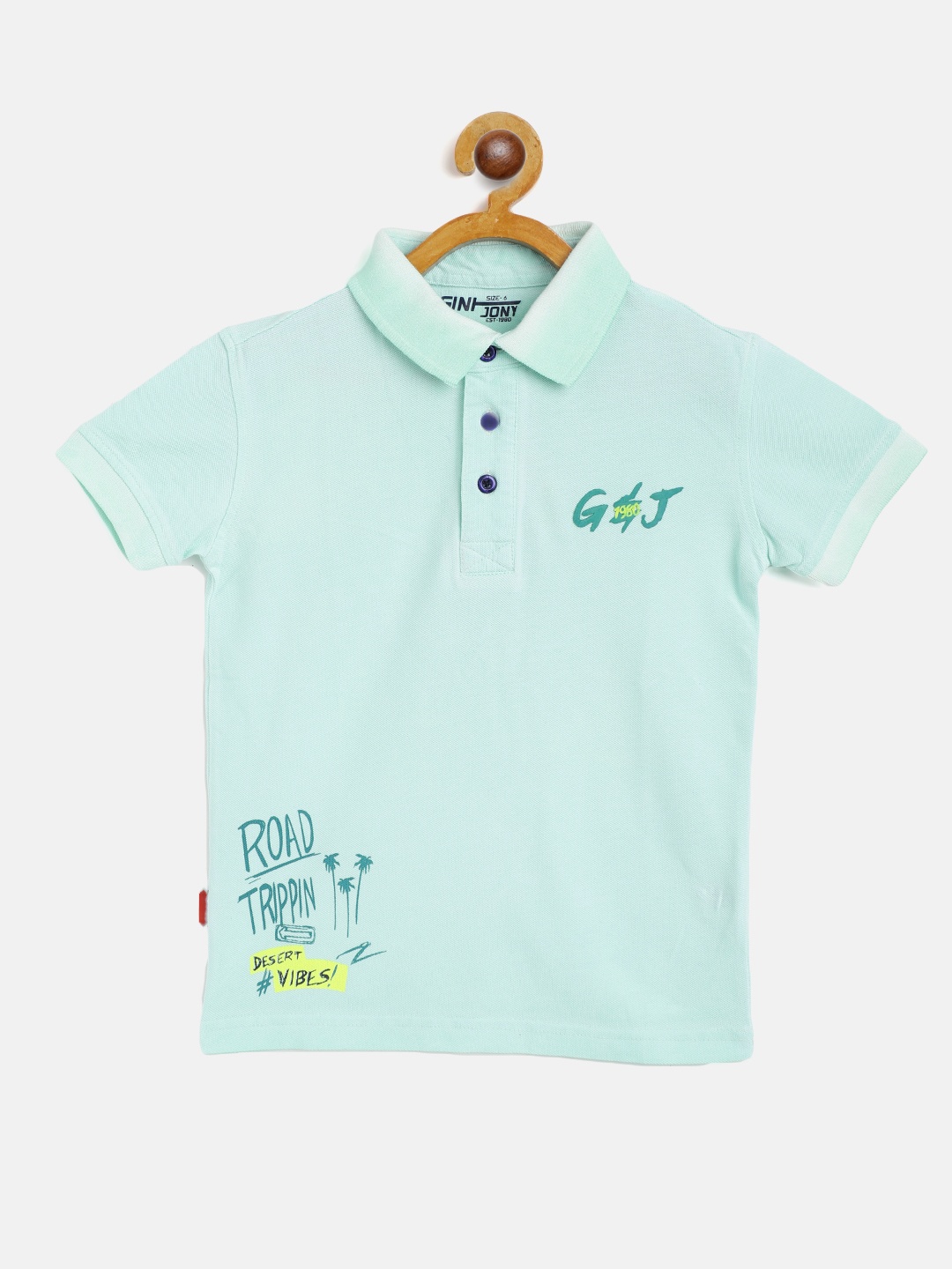 

Gini and Jony Boys Sea Green Cotton Back Print Polo Collar T-shirt