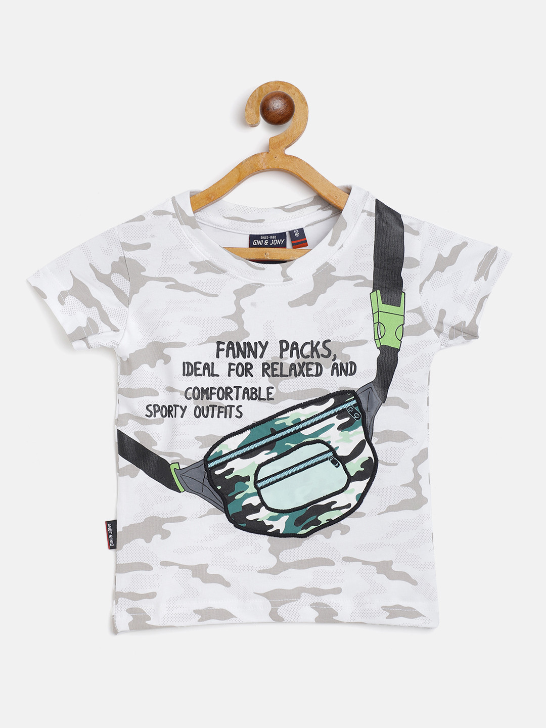 

Gini and Jony Boys White & Grey Camouflage Printed Fanny Pack Applique Cotton T-shirt