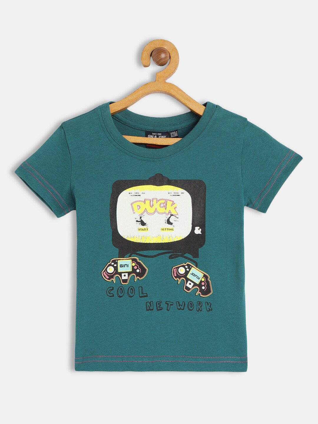 

Gini and Jony Boys Teal Blue Graphic Print Round Neck Regular Sleeves Pure Cotton T-shirt