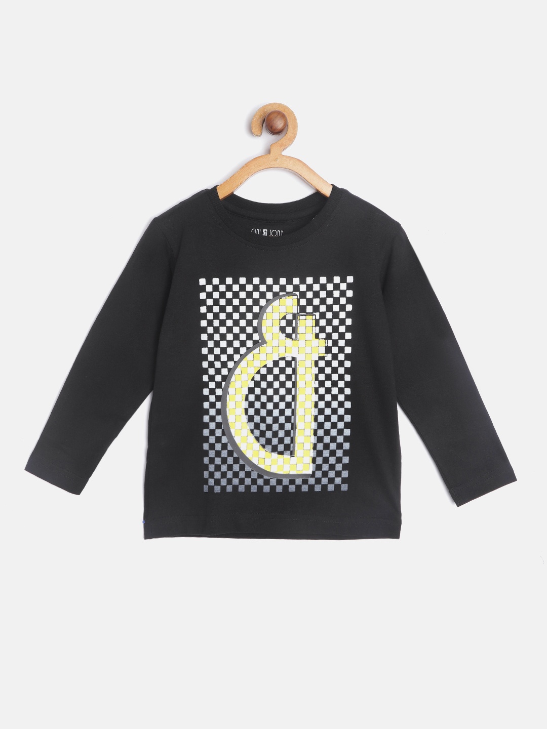 

Gini and Jony Boys Black White Cotton Checked Brand Logo Print Pure Cotton T-shirt