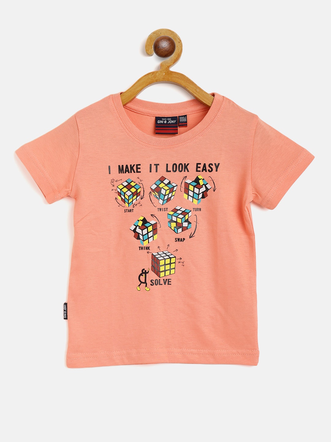 

Gini and Jony Infant Boys Coral Pink Cotton Printed T-shirt
