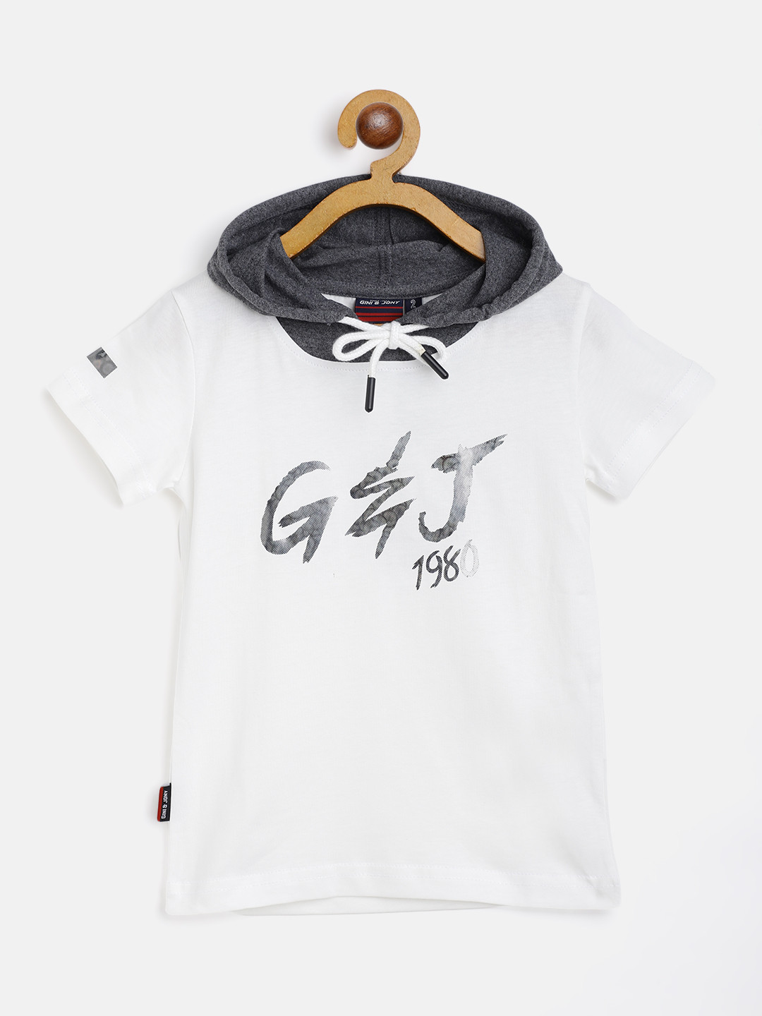 

Gini and Jony Boys White & Grey Melange Cotton Brand Logo Print Hooded T-shirt