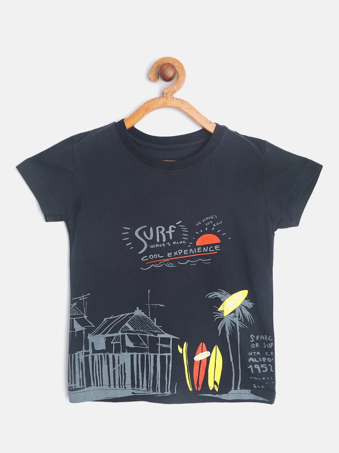 

Gini and Jony Boys Navy Blue Grey Cotton Tropical Print Pure Cotton T-shirt