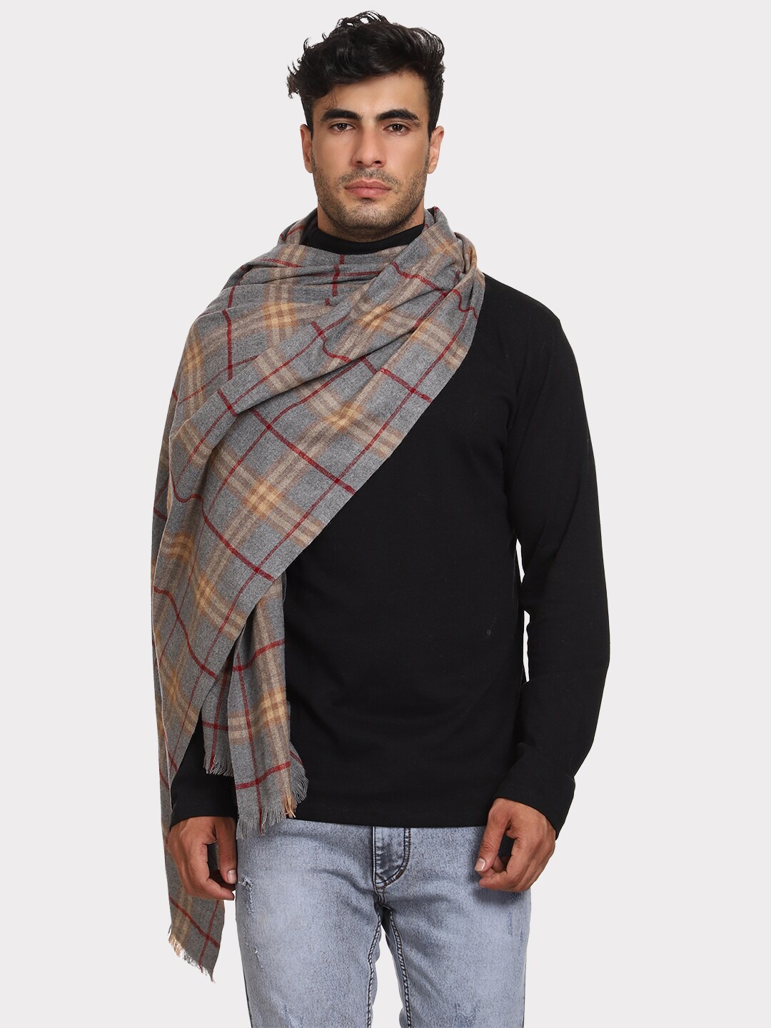 

WEAVERS VILLA Men Grey & Red Checked Stole