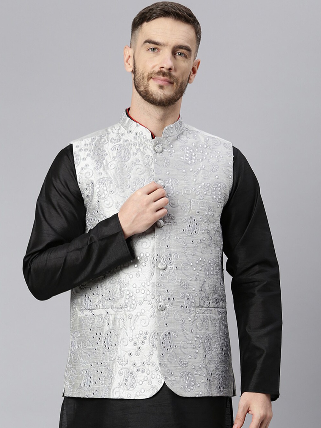 Hangup Men Grey Embroidered Nehru Jacket