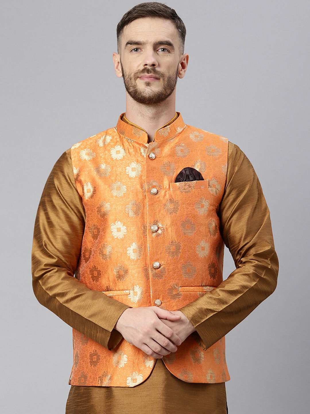 

Hangup Men Orange & Gold-Coloured Woven-Design Nehru Jacket