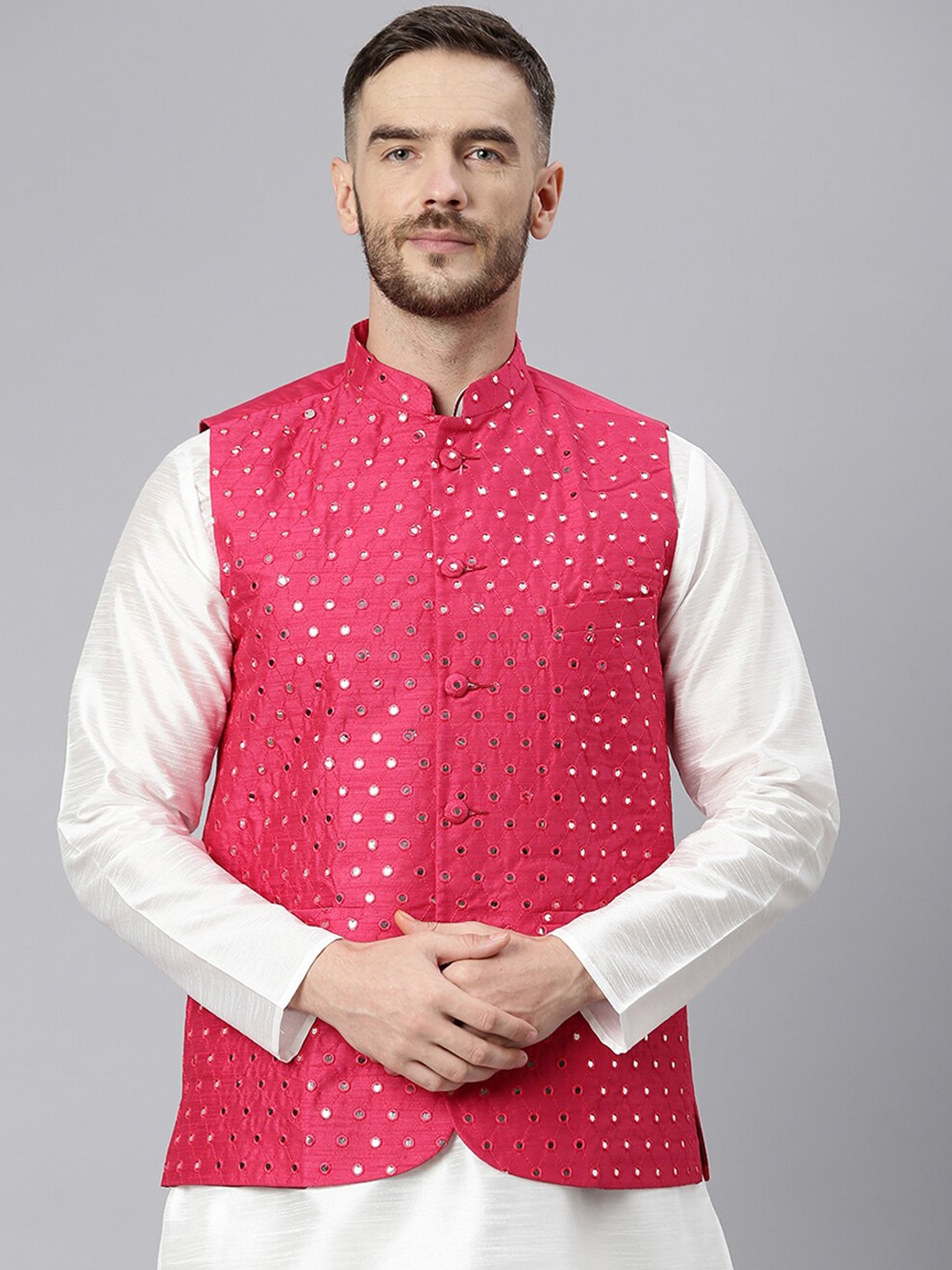

Hangup Men Pink Embroidered Nehru Jacket