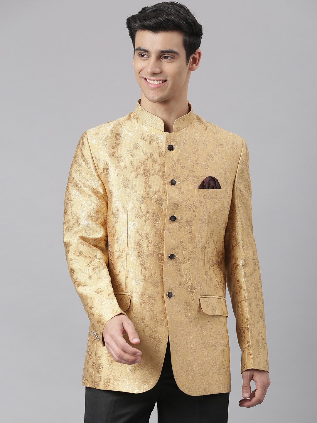 

Hangup Men Beige Self Design Single-Breasted Bandhgala Blazer