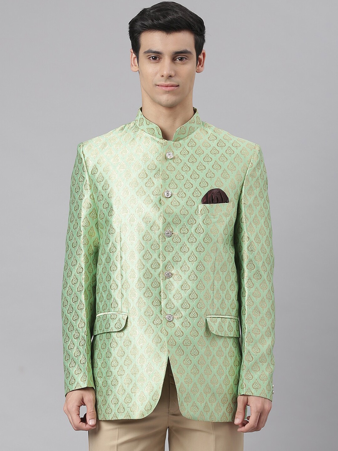 

Hangup Men Green & Beige Self Design Regular-Fit Bandhgala Blazer